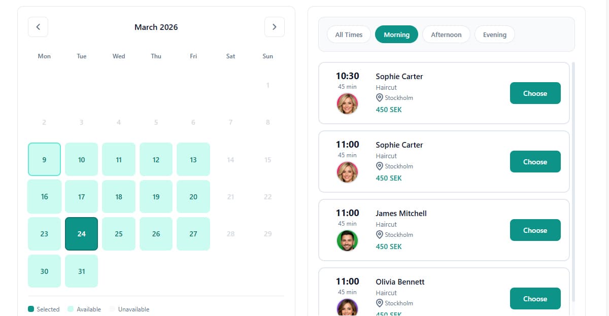 Vorschau der Buchungsoberfläche mit Servicezeiten und Live-Verfügbarkeit