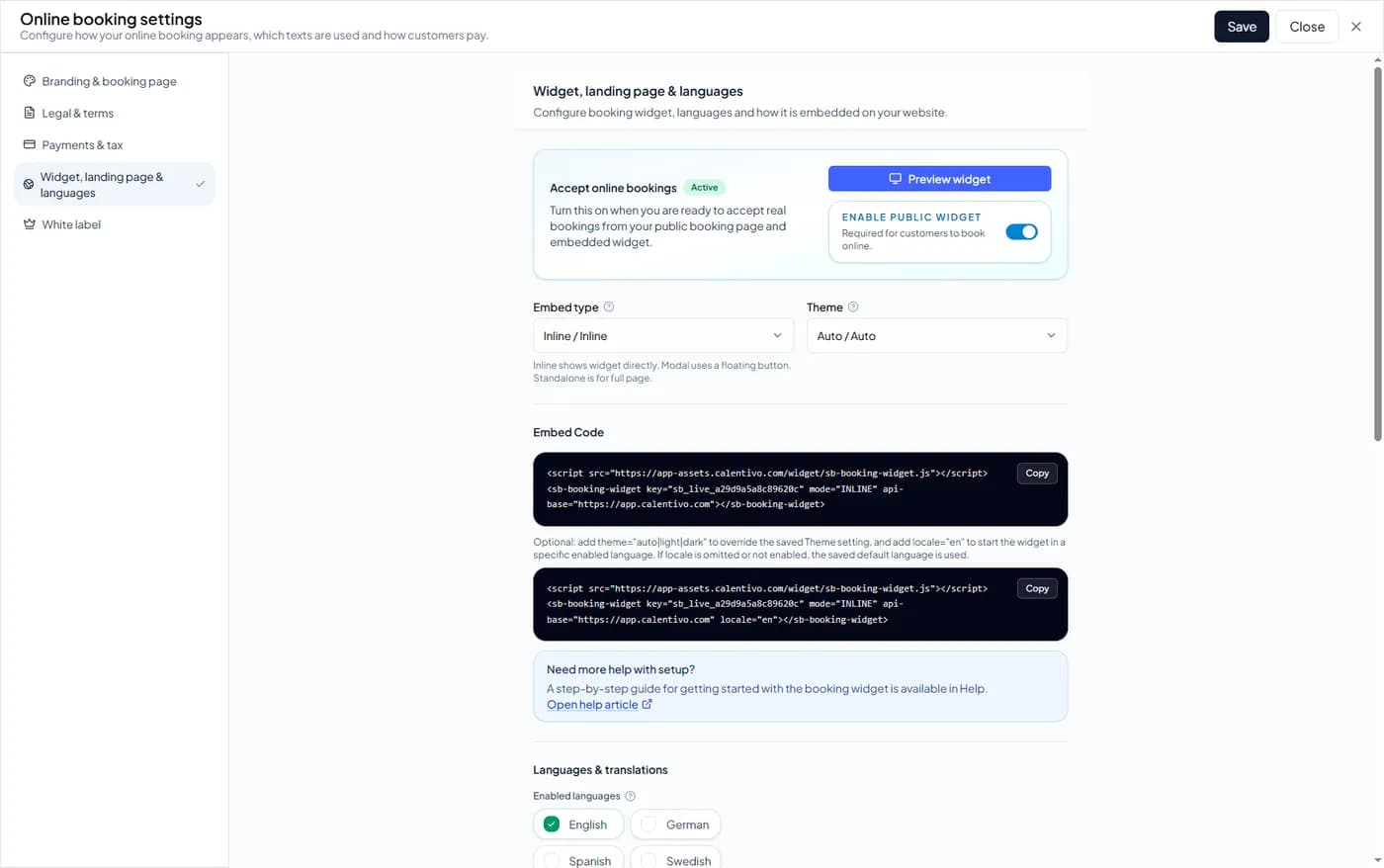 Enable Online Booking Widget