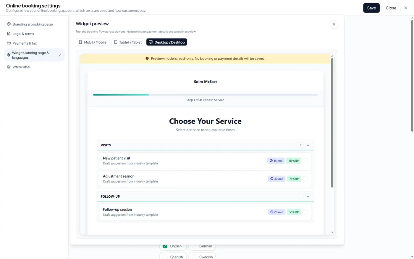 Preview Booking Widget